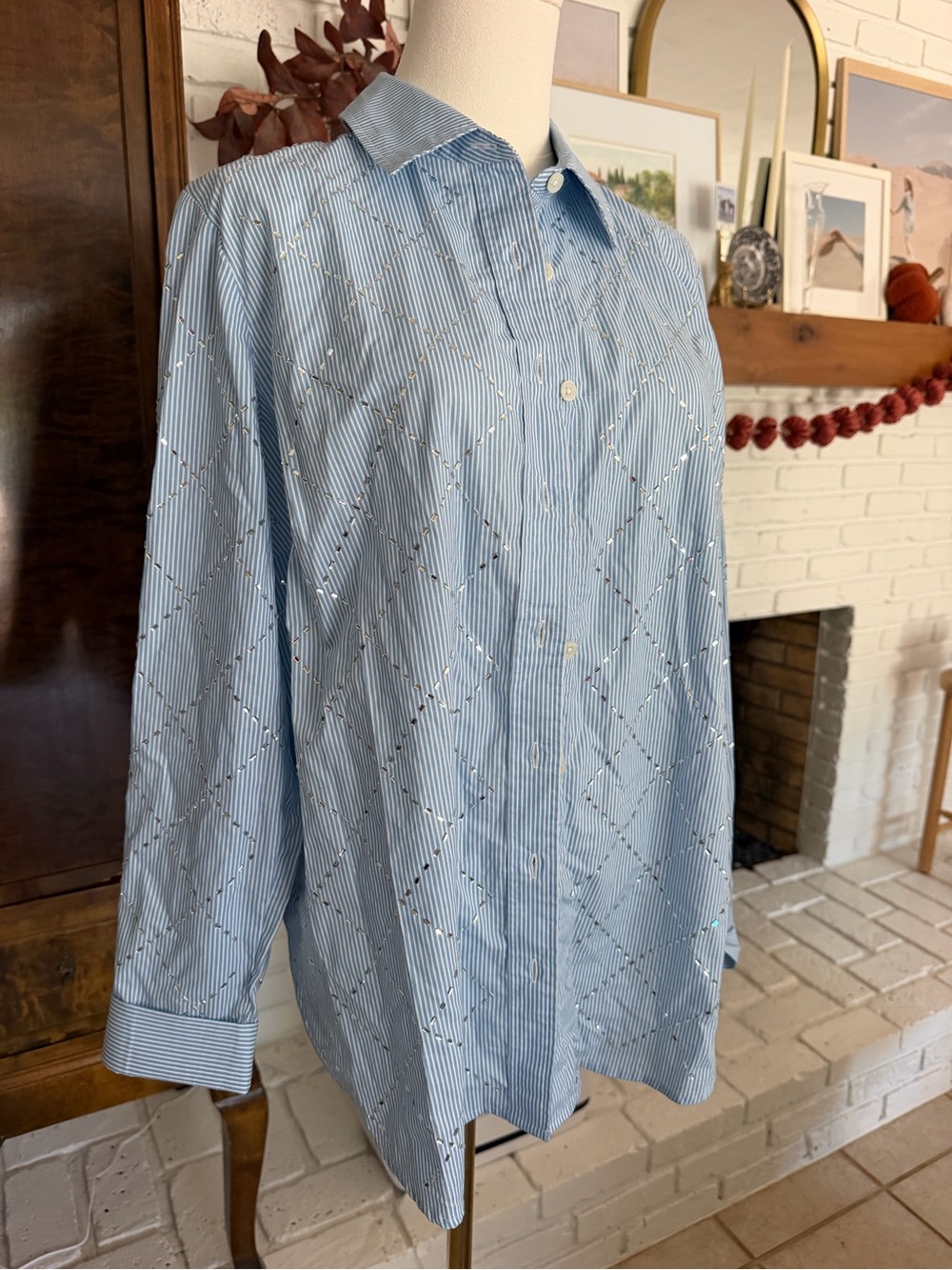 Like New Talbots Light Blue Pinstripe Button-Down Shirt with Diamond Embroidery